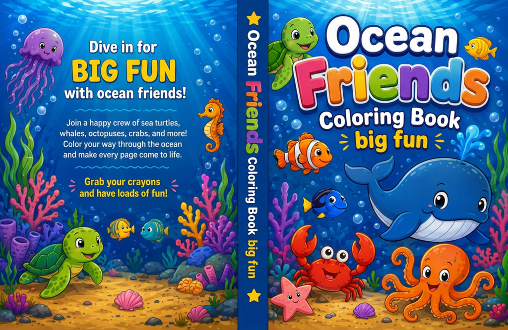 Ocean Friends Coloring Book cover - underwater scene with turtle, whale, octopus, crab, and starfish